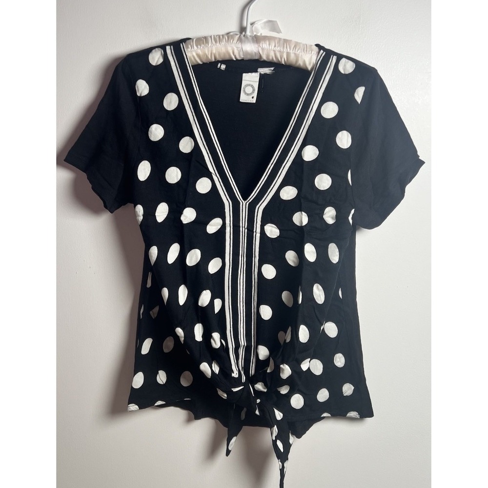 ANTHROPOLOGIE Akemi + Kin Womens Sz S Black White Polka Dot‎ Tie Waist Top